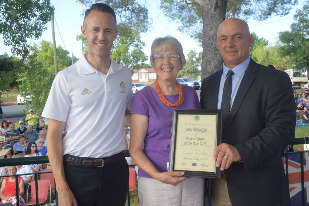 Jenny Hetherington (m) receiving her Australia Day award for outstanding contribution to the community.
