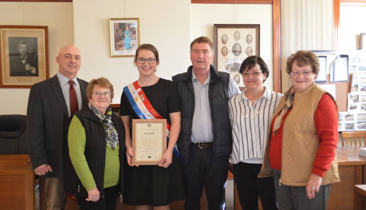 Weddin Shire Mayor, Mark Liebich, Joan, Grace, Scott and Jackie Eppelstun with Janice Hunter at the 'Civic Reception' for Grace held in Council Chambers. 



