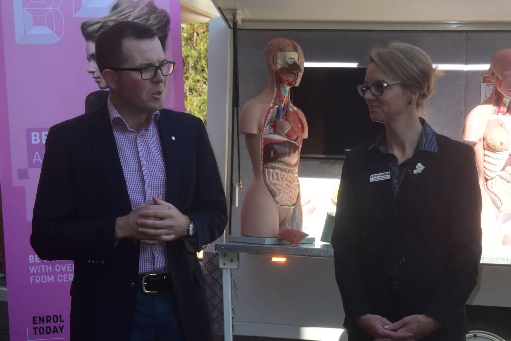 Assistant Minister for Skills, Adam Marshall, with Nationals candidate Steph Cooke in Grenfell on Wednesday for the CLC announcement. 