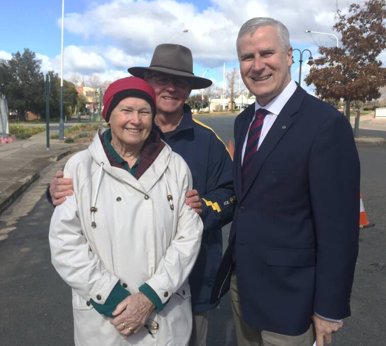 Member for Riverina Michael McCormack with Grenfell residents Wendy Johnson and Hugh Moffitt.