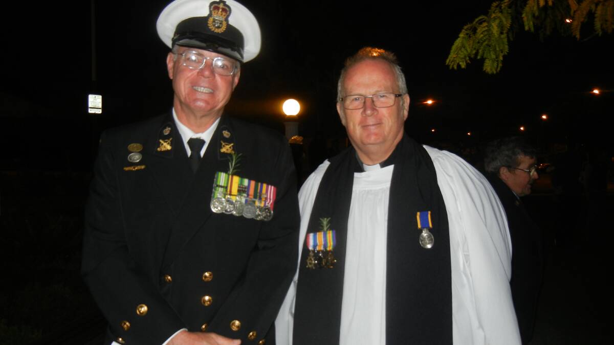 Grenfell RSL President Glenn Ivins with Fr Ross Craven at the Grenfell Anzac Day Dawn Service.
