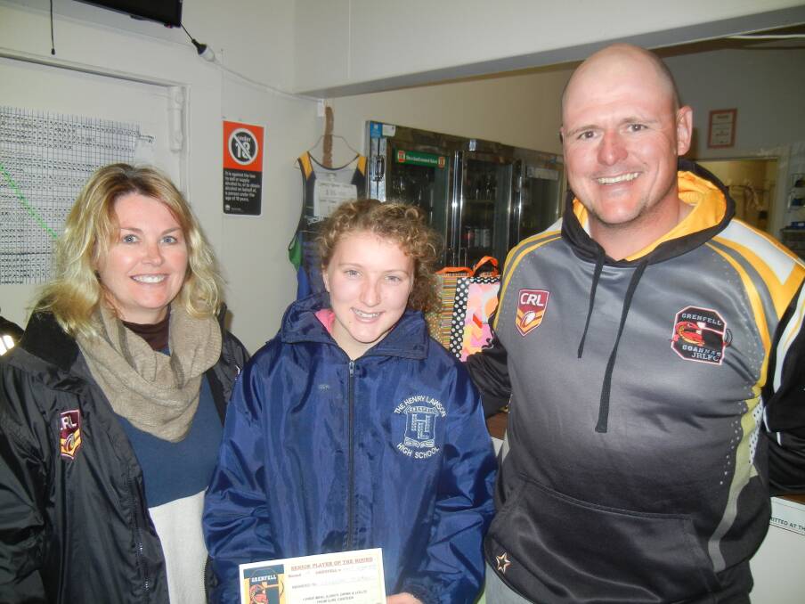 Krystal Hucker League tag  "Player of the Round"  against West Wyalong with Isabel Holmes and Matt Reid.