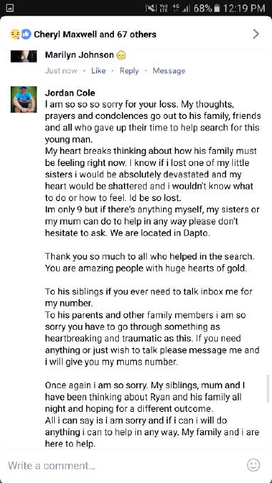 A message left for Ryan's family on the Mercury's Facebook page.