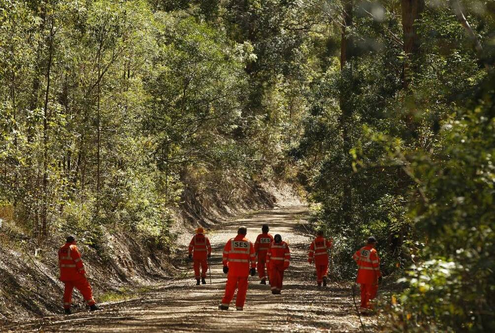 SES volunteers and NSW police search the Middle Brother Forest approximately 12km from Kendall. Photo: Kate Geraghty