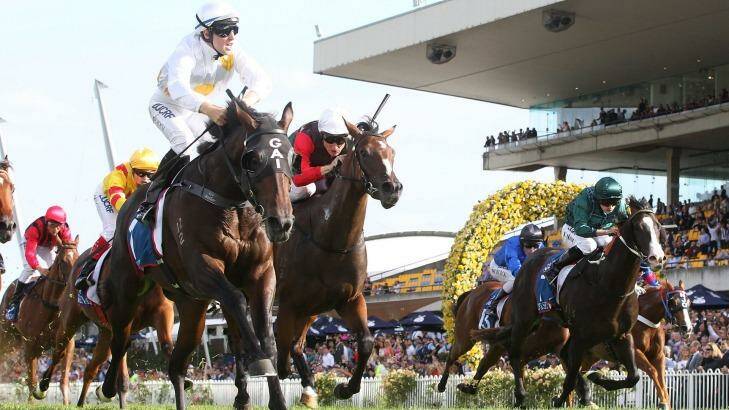 Swapping rides: Tommy Berry winning the Golden Slipper on Vancouver. He will ride second placegetter English in the  Sires Produce.