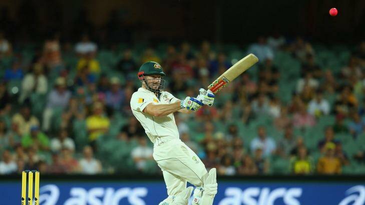 Pink ball flies: Shaun Marsh bats during night three of the third Test between Australia and New Zealand at Adelaide Oval. Photo: Quinn Rooney