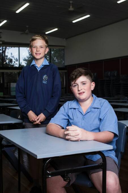 SMH. 12th of September 2017. Students (L-R) Taj Beesley and Blake Bilderbeck who just finished the Newman Higher Ability Assessment.  Catholic schools recently announced the introduction of selective streams, and 131 students are sitting the inaugural test on Tuesday. Photograph taken at our Lady of Mercy College in Cronulla. Photo: Dominic Lorrimer