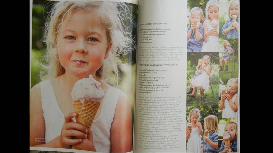 A photo of the pages in the Donna Hay Magazine Dec/Jan 2015 -  “The perfect Christmas’ with Paiton (L) and Paiton and Tully Lonard enjoying their berry icecream at the Berry farm near Ulladulla.
