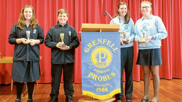Winners of the Probus Speech Contest, L to R, are Bridget Baker (2nd) and Connor Day (1st) in the Junior Section and Jessica Pereira (1st) and Grace Kelly (2nd) in the Senior Section. 