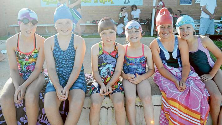 Waiting for their time slots at a recent swim club meet are Chrystal Hucker, Lily Holmes, Sophie Noble, Xanthe Johnson, Holli Madgwick and Pheobe Heathcote. 