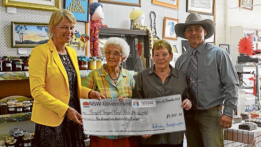 Member for Burrinjuck, The Hon Katrina Hodgkinson MP, distributed NSW Government Grants to successful applicants last Tuesday, December 16. The Grenfell GUNYAH Arts and Craft Shop was a lucky recipient of $9,900 to go towards painting and room works in the building. Pictured here is Katrina presenting the cheque to Gunyah representatives Meryl Hunter and Margaret Cuddihy with Weddin Shire Mayor Mark Liebich also at the presentation. The lady's were thrilled to receive the funds and were delighted when Katrina purchased numerous Christmas Cakes for her staff from the shop. The Gunyah Volunteers would like to thank Katrina for personally presenting the funds to them. 