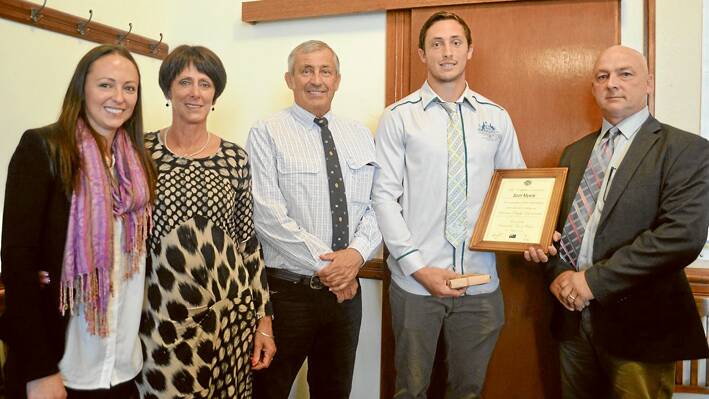 The Weddin Shire Council held a moving Civic Reception for Sam Myers to acknowledge his outstanding sporting achievements last Thursday afternoon at the Council Chambers. Pictured here at the reception are Sam with his family, sister Claire, Mum Jan, Dad Anthony, Sam and Weddin Shire Council Mayor, Mr Mark Liebich. 