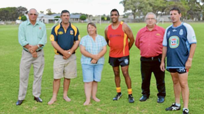 The Grenfell Goanna's Coach's for 2015 are First Grade: Captain/Coach Phill Ingram, Girlanna's League Tag Coach: Kellie Frost and absent from pic Goanna's Youth League Coach: Dan Barclay. Phill and Kellie are pictured here with Goanna's 2015 President: Chris Dixon and Major Sponsor representatives Paul Sills (Manager, Grenfell Bowling Club) and Dennis Hughes (Vice Chairperson, Grenfell Bowling Club) along with Trevor Mawhinney representing Grenfell Commodities who are also Major Sponsors for 2015. 