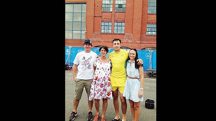 (L-R)  the Grenfell contingent of Justin McCann, proud mum Jan Myers, Sam and  his sister Claire Myers outside the Ibrox Stadium in Glasgow where Sam was representing Australia in the Rugby Sevens at the Commonwealth Games. (Photo contributed) 