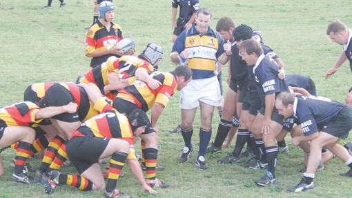 The Grenfell Panthers First Grade side about to contest a scrum at RM Bembrick Field in Saturday's big win against last years SIRU premiers Cootamundra. 