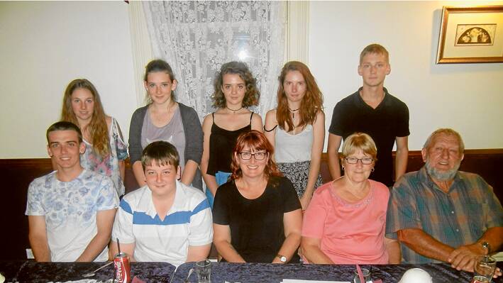 Sophie Norris (B -2nd from L) who celebrated her 16th birthday on March 73 is pictured here with  (BL-R) Kira Anderson, Bethany Eyles, Charlotte Simpson and Jack Cooper and (F)  her brothers Kyle and Ben, her mother Kathy and grandparents Robyn and Allan Gregory from Victoria. Kyle Norris also celebrated his 18th birthday on March 9. 