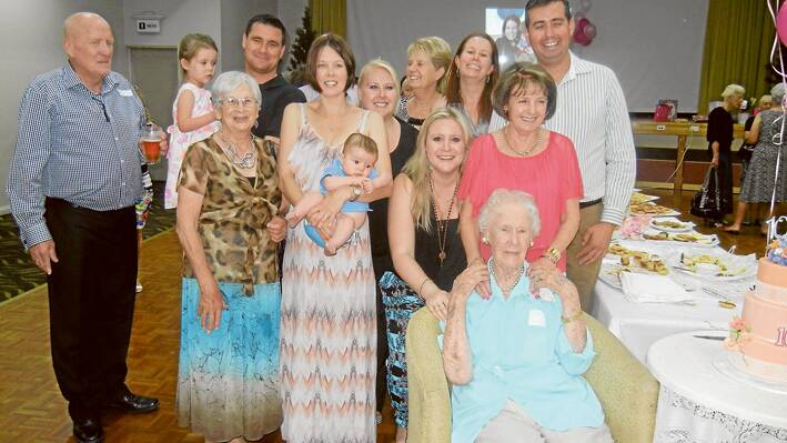 Daphne Huckel with Ian and Desiree Huckel and Lillian and Rodney Nott and her grandchildren and great grandchildren at her 100th birthday celebrations at Temora last Saturday. 