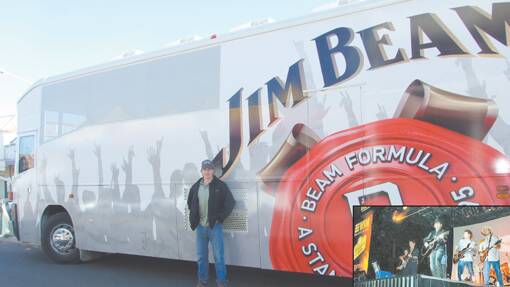 CONCERT PLANS STEAM AHEAD: Grenfell's Local and International musician, Steve Forde with his newest bus fitted out in Grenfell for a three-year promotion for Jim Beam. Steve is the local organiser and liaison for the "Spirit of the Bush" concert to be held on June 30. This will be the only concert in NSW. INSET: shows Lee Kernaghan in concert.