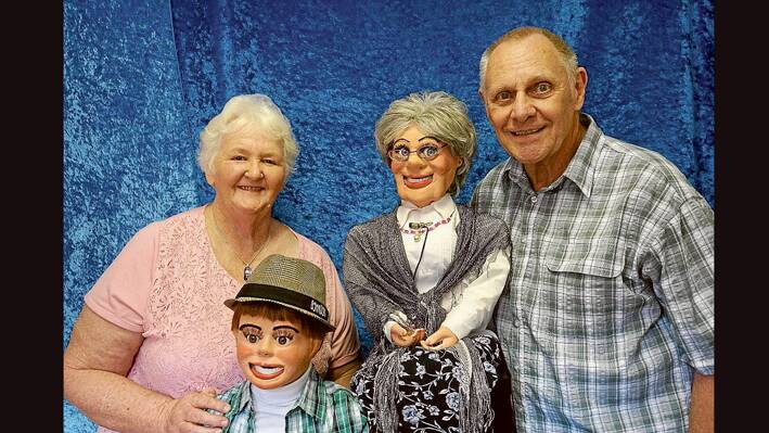 Marie with “Danny” and “Aunty Lilly” with Merv Hall - The travelling Ventriloquists who were visiting the area from Brisbane. (Contributed photo)
 