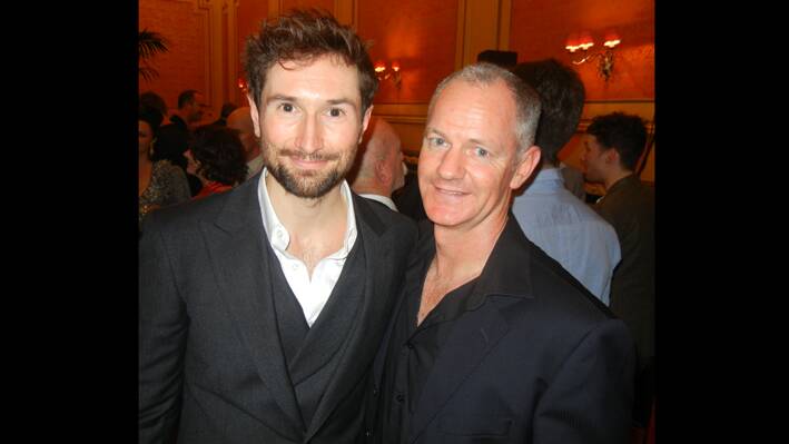 Tom Parsons (L) who plays the lead role of Guy with Gerard Carroll (Eamon) enjoying the after party following the opening night of Once the musical in Melbourne on October 5. 