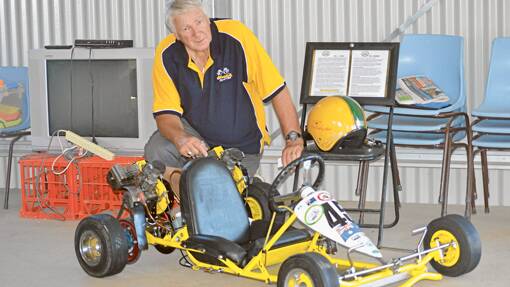 A vintage Darcy Dart Go-Kart 1963 model with owner Max Laybutt of Camden at the Grenfell Bogolong circuit last weekend. More of the same will soon be amking their way to Grenfell.