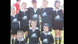 Grenfell Junior Rugby Union Under 8’s team. Back row: Left to Right, Sam Taylor, Lewis Keough, Charlie Mitton, Clare Hunt, Emily Fisher. Front row: Left to Right, Fletcher Taylor, Tom Maguire and Sterling Taylor. 