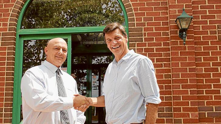 Federal Member for Hume, Mr Angus Taylor, congratulates Weddin Shire Mayor, Mr Mark Liebich on  successful funding for the Beazley's Lane bridge. 
