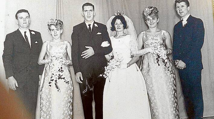 Barbara Bensley and Neville Wood on their wedding day following their marriage in St Joseph’s Catholic Church  Grenfell,  March 6, 1965. Best man and bridesmaid were Barry Harris and Annette Hodge (nee Beasley), groomsman Joel (Tiger) Crowe and junior bridesmaid Barbara’s sister Jane Burgess (nee Bensley).(Photo contributed) 
