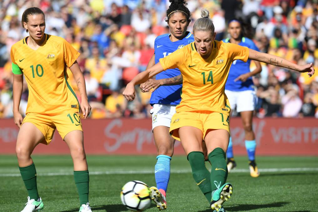 Action from the Matildas 2-1 win over Brazil on Saturday afternoon. Picture: AAP