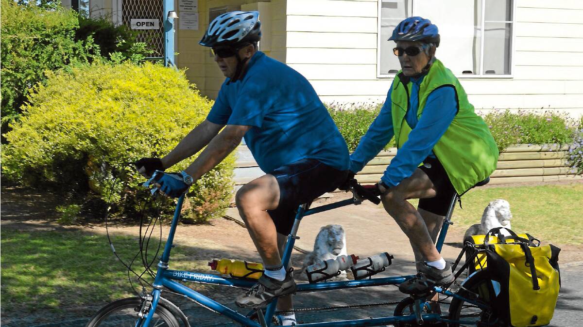 In tandem - four legs are better than two as this happy pair set off from the Grenfell Caravan Park in Bike Friday’s ride to Greenethorpe last Saturday morning.
