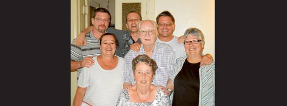 Enjoying the 80th birthday celebrations for Bob Worsley were (Bl-R) his sons Peter, Rob and Ben, (CL-R) daughter Jan, birthday boy Bob, daughter Gay and in front the love of Bob’s life wife Maureen.