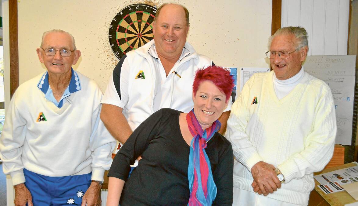 All smiles at the presentations for the winning players at last weekend’s Men’s Bowling Club Presidents Day tournament at the Grenfell Bowling Club were (l/r) Nev Coleman, Barry Bradtke and Quentin Murray with presenter Sonia Ingles adding a dash of humour to the day.