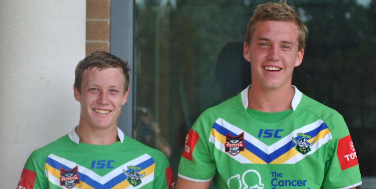 Grant Hughes (Temora) and Connor Brebner (Grenfell) in their Canberra Raiders jerseys.