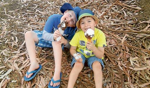Great mates Timothy Colville and Fergus Moore enjoying their big ice cream in the shade under the tree at the Lions Market Day.