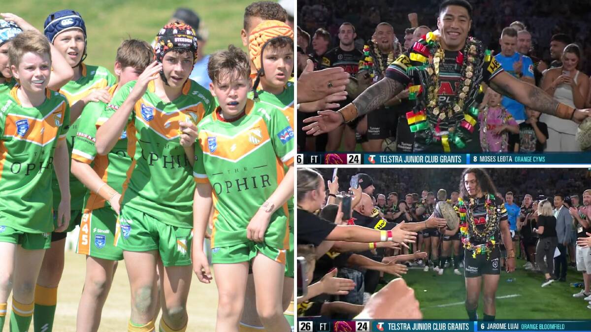 Cloclwise from left: Orange CYMS under 12s celebrate a try while Moses Leota and Jarome Luai pictured with their Group 10 club of choice. Pictures by Dominc Unwin/Nine