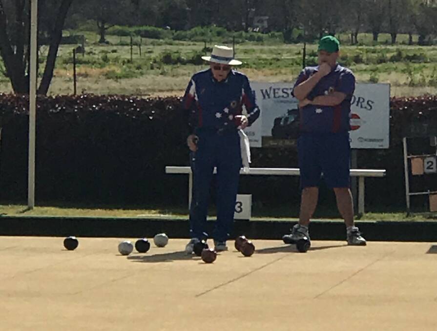 PAIRS: Ray Walter and Blake Bradtke playing the major pairs at the Grenfell Bowling Club. Photo: Contributed.