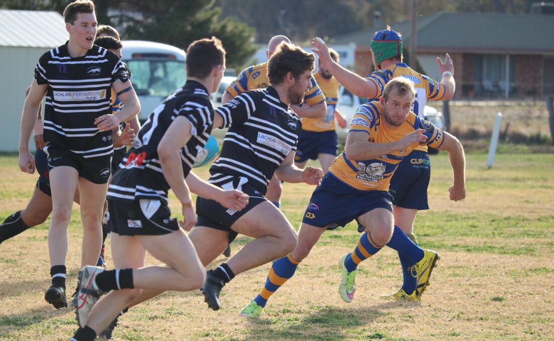 Rugby Union: Scott McKellar running with the ball on Saturday against the Condobolin Rams. Photo: Carly Brown.