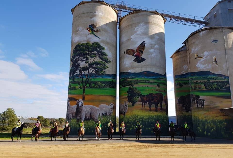 Riders at last year's Weddin Mountain Muster visiting the iconic Grenfell Silos. Photo: Contributed.