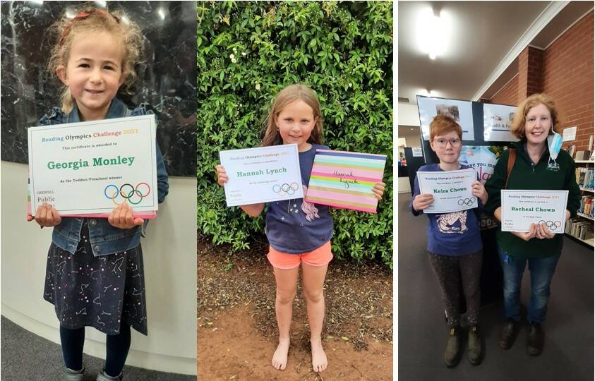 Winners of the Reading Challenge: Toddler/preschool winner Georgia Monley, joint school age winners Hannah Lynch and Keira Chown and adult winner Rachael Chown.