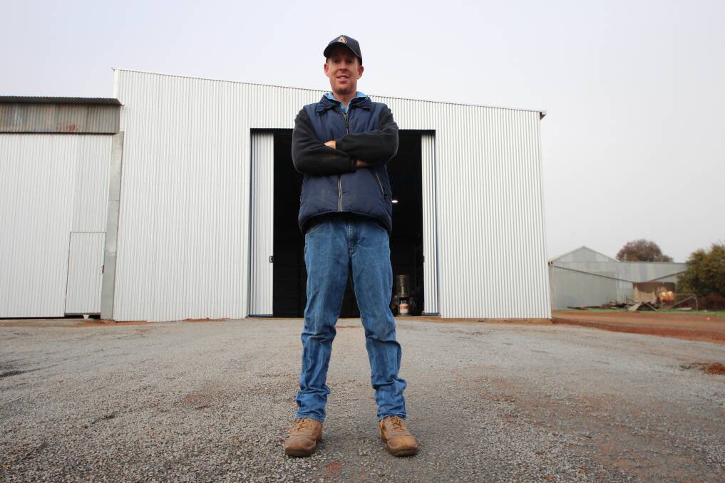 FUNDS FOR FARMS: Ben Langtry at his Marrar property 'Trefalga', outside the shed that was purchased through the state government's interest-free loan arrangement. Picture: Emma Horn