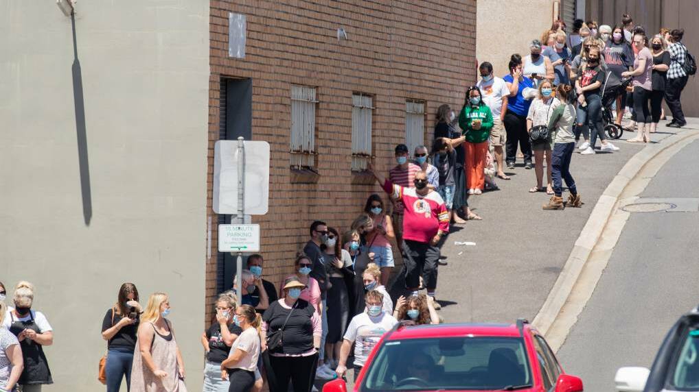 People lined up at Coles-Younger Car Park to snap up a RAT kit on Wednesday from Chemist Warehouse Warrnambool Central. Picture: Morgan Hancock