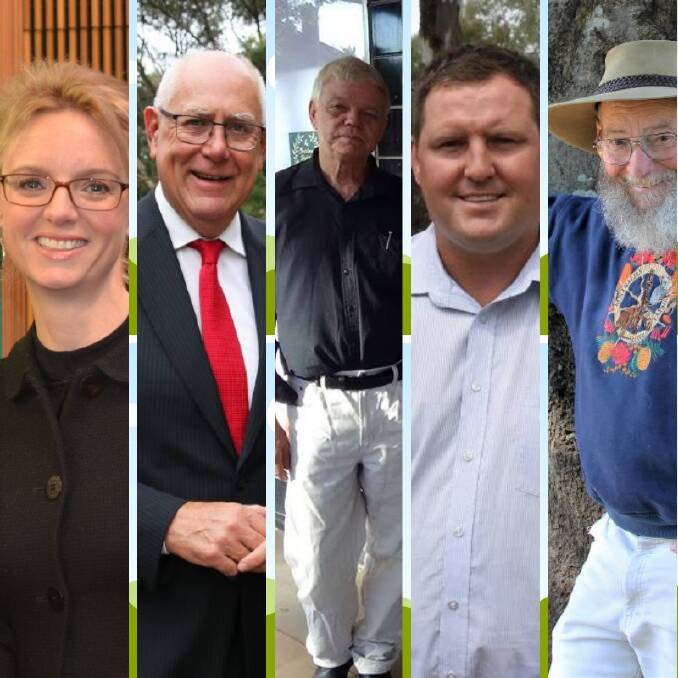 Cootamundra candidates Steph Cooke (Nationals), Mark Douglass (Country Labor), Jim Saleam (Independent), Matthew Stadtmiller (Shooters, Fishers, Farmers) and Jeffery Passlow (The Greens).