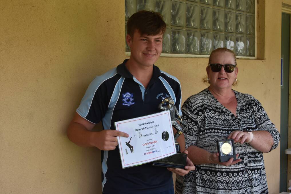 Grenfell player Caleb Haddin was the recipient of the Matt Morrison Scholarship presented by Connie Morrison at the end of the 2020-21 Cowra Junior Cricket Season. Photo by Andrew Fisher.
