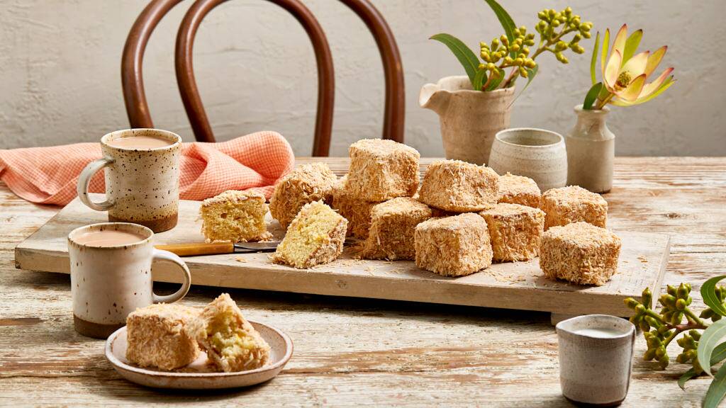 Mango and white chocolate lamingtons. Picture: Supplied