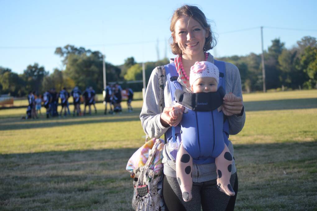 Jaime Elms with her adorable daughter Lorelei at the rugby union last Saturday.
