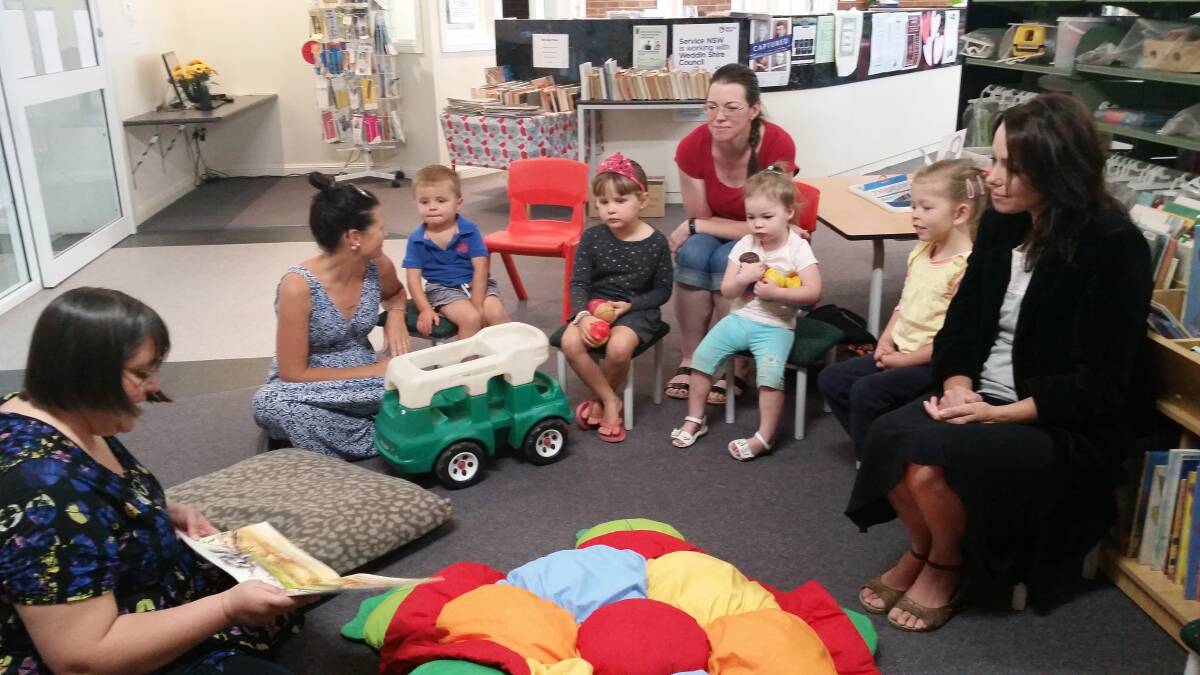 Children and parents during the preschool storytime at the library last week, storyteller Sandra Frame provided a wonderful experience for the children. Photo E Kearnes