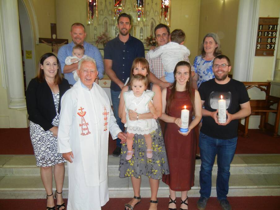 Fr Kevin Flynn with families and godparents of Asher and Maisie Fallon, grandchildren of Margaret (dec) and William Thornton, grandson of Jo. 