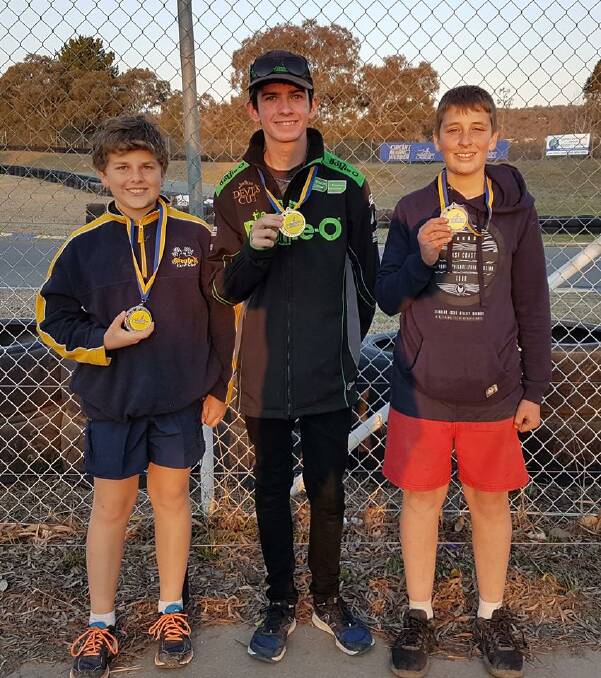 Luke Ryan and Riley Gray from Grenfell Kart club placed 1st and 2nd and Joseph Camilleri from Canberra club 3rd in KA4 Junior Light at the Mark Webber circuit in Canberra on the weekend. Image suppied