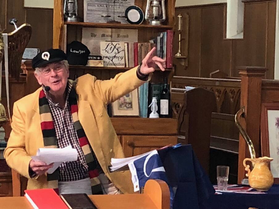 Local poet Bob McMillan during his tribute to Henry Lawson last weekend at the Anglican Church. Photo supplied.