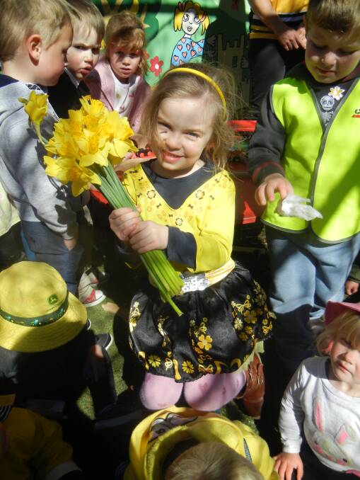  Bella at the Preschool and Long Day Care Centre with the beautiful flowers on Daffodil Day. 